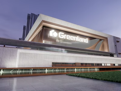 Greenland Modern Storefront Design With Glass Facade Illuminated Logo Water Feature And Lawn 3d model