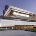 Greenland Modern Storefront Design With Glass Facade Illuminated Logo Water Feature And Lawn
