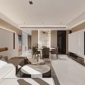 Modern Living and Dining Room Interior With Marble Dining Table Sofa Set And Large Windows