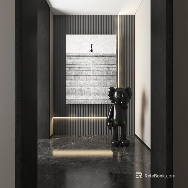 Modern Interior With Black Kaws Figure Abstract Stairs Painting And Marble Floor 3d model 