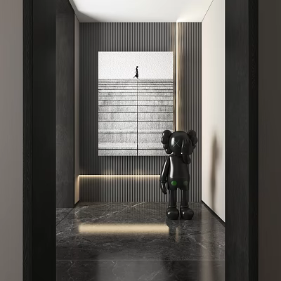 Modern Interior With Black Kaws Figure Abstract Stairs Painting And Marble Floor 3d model