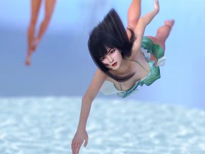 Woman In Green Swimsuit Diving Into Clear Water Surface With Flowing Long Hair 3d model