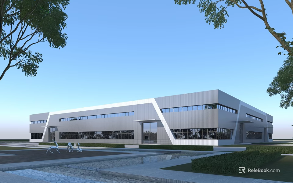 Modern Industrial Factory Building With Large Glass Windows And Landscaped Exterior 3d model 