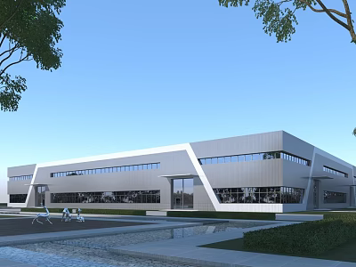 Modern Industrial Factory Building With Large Glass Windows And Landscaped Exterior 3d model