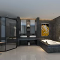 Hotel Guest Room Bathroom Modern Design With Glass Shower Enclosure Bathtub Vanity And Gray Tiles