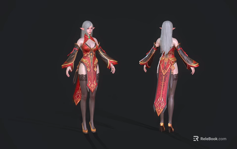 Woman With Silver Gray Long Hair In Red Outfit With Golden Decorations And High Heels 3d model 