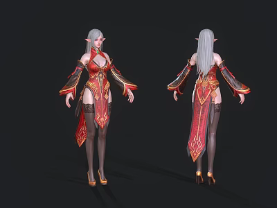 Woman With Silver Gray Long Hair In Red Outfit With Golden Decorations And High Heels 3d model