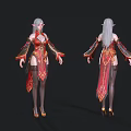 Woman With Silver Gray Long Hair In Red Outfit With Golden Decorations And High Heels