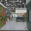 Shopping Mall Lobby Interior With Green Arch Structures Wooden Counters And Colorful Floor Tiles