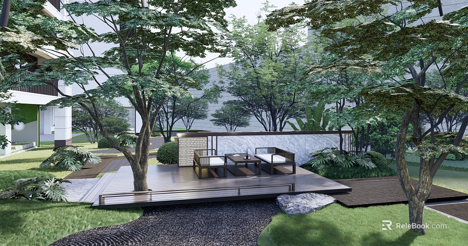 Modern Residential Landscape Design With Trees Wooden Deck Seating Area Stone Wall And Greenery 3d model 