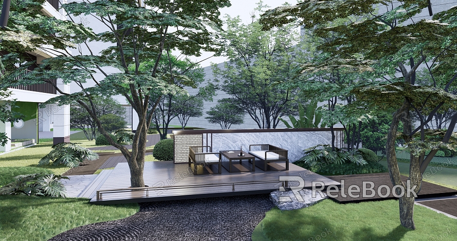 Modern Courtyard Community Residential House Landscape Forest Resting Wood Platform Art Terrain model