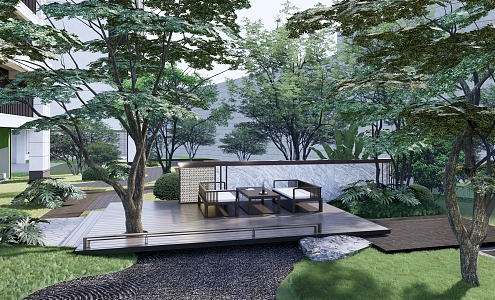 Modern Courtyard Community Residential House Landscape Forest Resting Wood Platform Art Terrain 3d model