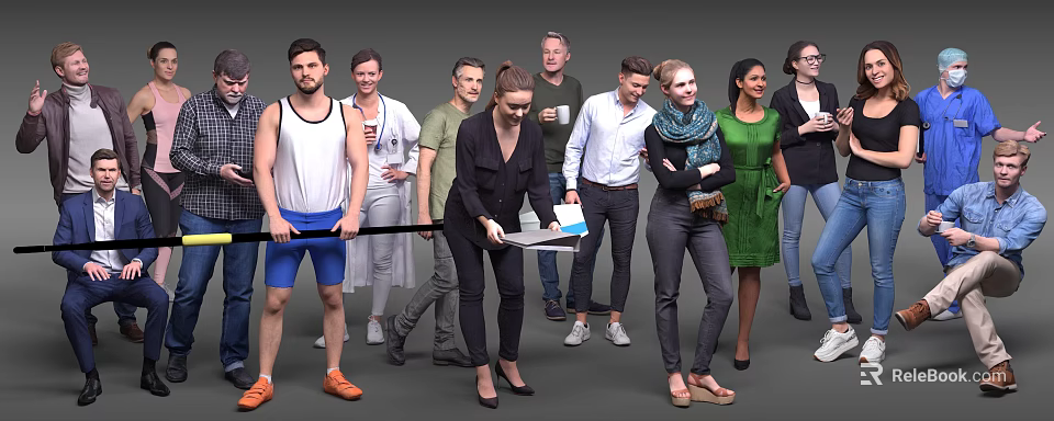 Diverse group of people standing together in casual and formal clothing styles 3d model 