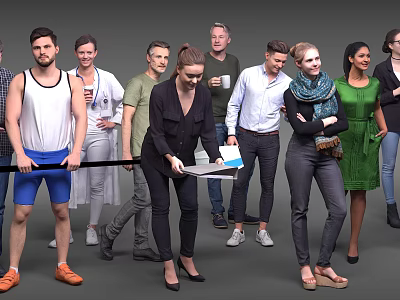 Diverse group of people standing together in casual and formal clothing styles 3d model