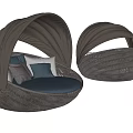 Round Rattan Outdoor Sofa With Canopy Blue Cushions And Pillows