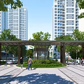 Covered Entrance Gate With Trees Modern Building Background And Pedestrians On Paved Ground