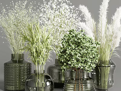 Various Textured Glass Vases Arranged With White Small Flowers Green Leafy Plants And Pampas Grass 3d model