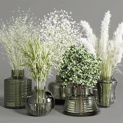 Various Textured Glass Vases Arranged With White Small Flowers Green Leafy Plants And Pampas Grass 3d model