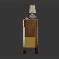 Wooden Side Cabinet With Green Geometric Pattern Door Woven Detail And Table Lamp