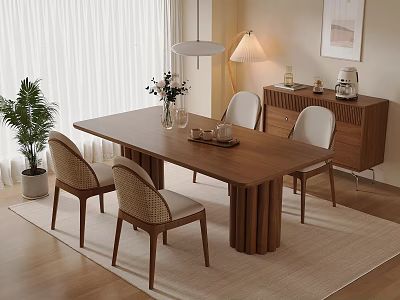 Warm Modern Dining Area With Wooden Table Wicker Chairs Cabinet And Potted Plant 3d model