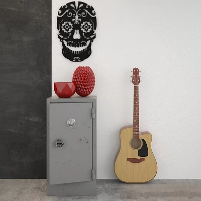 Stylish Skull Wall Hanging on Wall with Gray Cabinet Red Spheres and Wooden Guitar 3d model