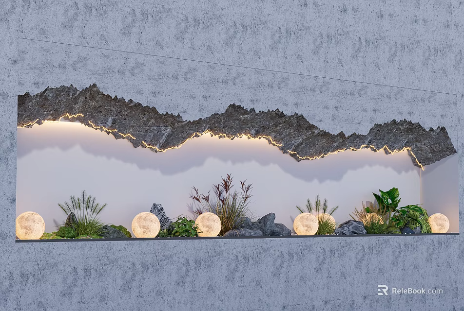 Modern Interior Landscape With Gray Wall Wavy Rock Decoration Lighting Green Plants And Round Lamps 3d model 