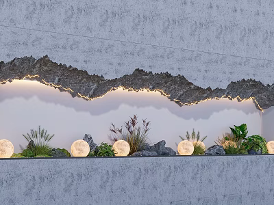 Modern Interior Landscape With Gray Wall Wavy Rock Decoration Lighting Green Plants And Round Lamps 3d model