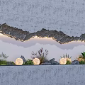 Modern Interior Landscape With Gray Wall Wavy Rock Decoration Lighting Green Plants And Round Lamps