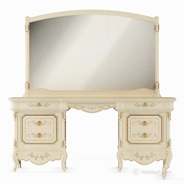 Classic Ivory Dressing Table With Ornate Carved Details Mirror And Drawers 3d model 