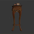 Carved Wooden Side Table With Intricate Details And Cake With Fruits On Top