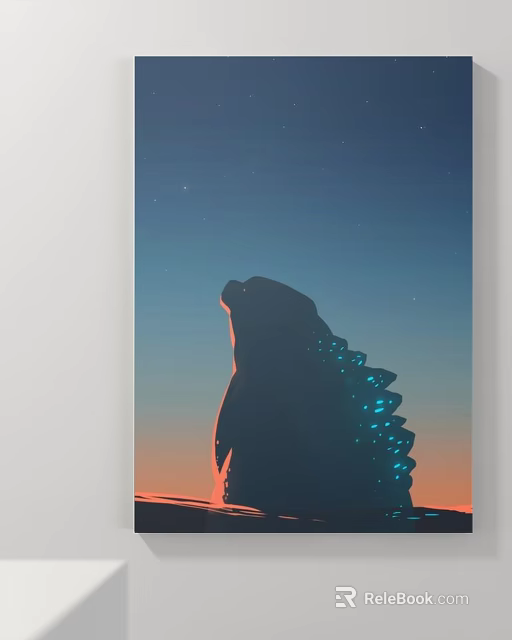 Silhouette Animal Painting Of Godzilla With Glowing Dorsal Fins And Gradient Sunset Sky 3d model 