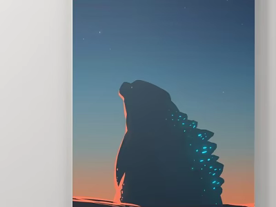 Silhouette Animal Painting Of Godzilla With Glowing Dorsal Fins And Gradient Sunset Sky 3d model
