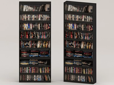 Two Tall Black Bookcases Filled With Various Books And Multimedia Items 3d model
