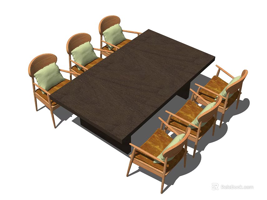 Dark Rectangular Wooden Dining Table Set With Six Chairs And Green Cushions 3d model