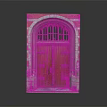 Traditional Entrance Gate With Red Brick Frame Arched Top And Wooden Double Doors Decorative Metal Fittings