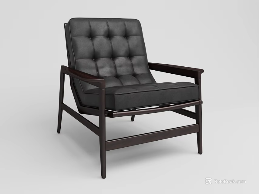 Stylish Black Leather Single Sofa with Tufted Backrest and Wooden Arms and Legs Modern Design 3d model 