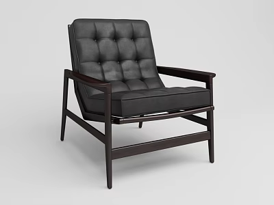 Stylish Black Leather Single Sofa with Tufted Backrest and Wooden Arms and Legs Modern Design 3d model