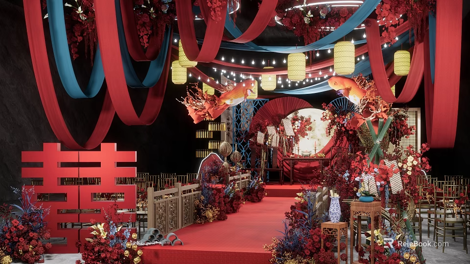 Elegant Traditional Chinese Wedding Banquet Hall Featuring Red Carpet Lanterns And Floral Decor 3d model 