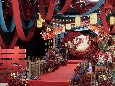 Elegant Traditional Chinese Wedding Banquet Hall Featuring Red Carpet Lanterns And Floral Decor 3d model