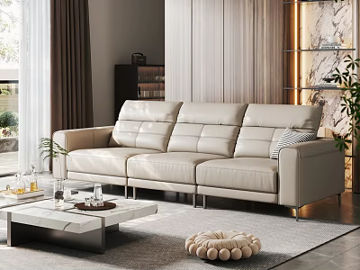 Modern Beige Leather Sofa and Coffee Table Set in Contemporary Living Room with Decorative Accents 3d model