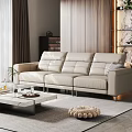 Modern Beige Leather Sofa and Coffee Table Set in Contemporary Living Room with Decorative Accents