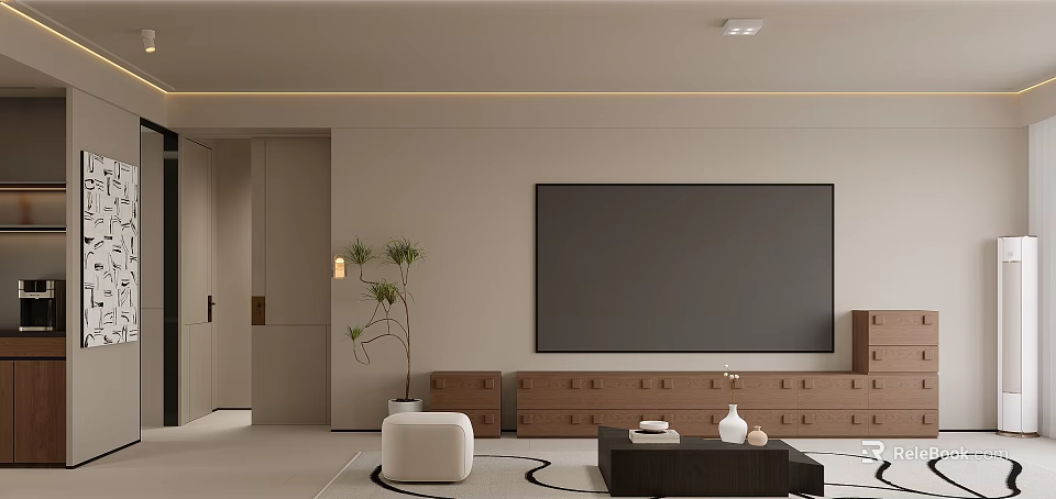 Minimalist Modern Living Room TV Background Wall With Wooden Cabinets 3d model 
