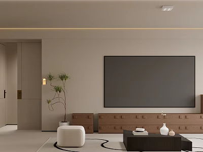 Minimalist Modern Living Room TV Background Wall With Wooden Cabinets 3d model
