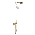 Sleek Modern Gold Wall Mounted Shower System With Overhead Head And Handheld Sprayer