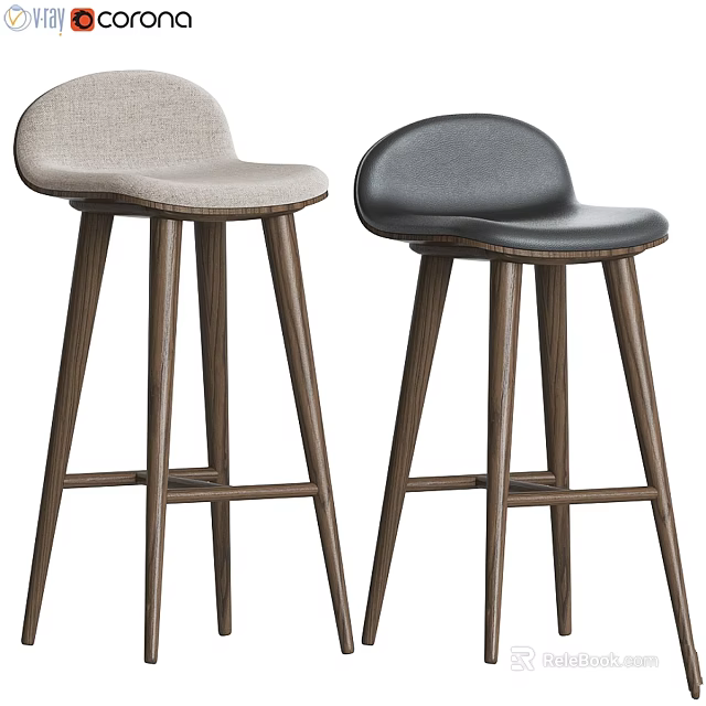 Modern Bar Stools With Upholstered Seats And Wooden Legs In Light And Dark Colors 3d model 