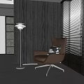 Modern Living Room Interior With Comfortable Brown Accent Chair Floor Lamp And Wooden Wall Blinds