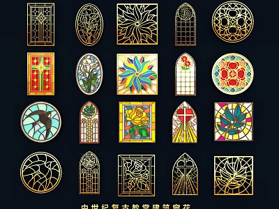 Medieval Vintage Church Stained Glass Window Decorative Designs With Intricate Patterns 3d model