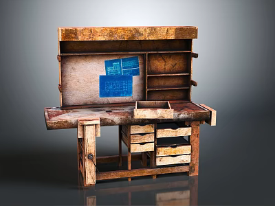 Vintage Wooden Functional Desk With Multiple Drawers Shelves And Blue Papers 3d model