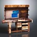 Vintage Wooden Functional Desk With Multiple Drawers Shelves And Blue Papers