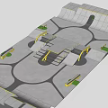 Modern Urban Plaza Design Featuring Circular Pathways Yellow Railings And Green Areas